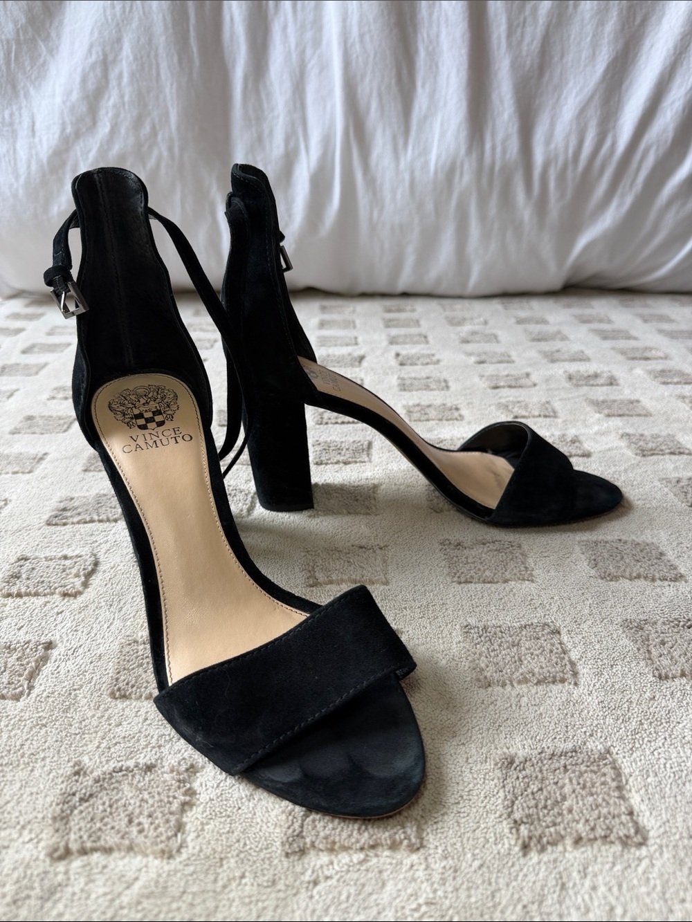 Vince Camuto Black Suede Block Heel Sandals with Ankle Strap